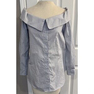 Finley Button Up Top S Blue/White Pinstripe Off Shoulder Collared Office Preppy
